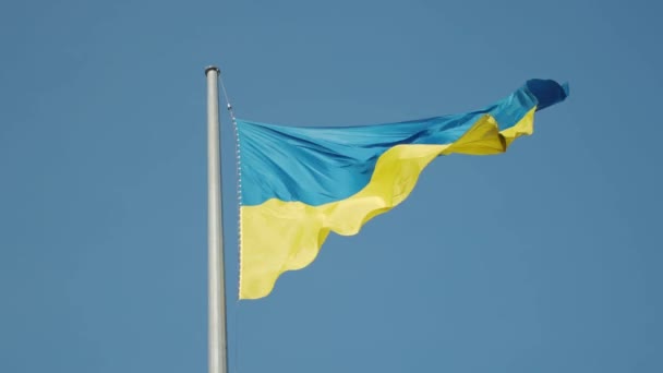 Bandera de Ucrania sobre un fondo de cielo azul — Vídeo de stock