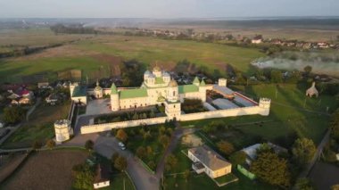Aerial shot Village Mezhyrich. Holy Trinity Monastery Of The UPC. Ukraine