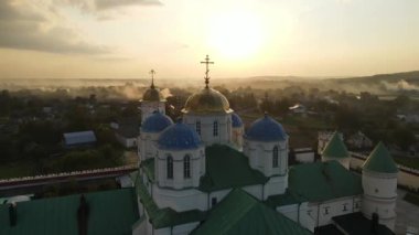 Aerial shot Village Mezhyrich. Holy Trinity Monastery Of The UPC. Ukraine