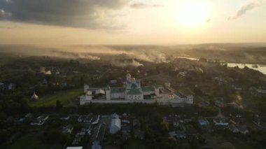Aerial shot Village Mezhyrich. Holy Trinity Monastery Of The UPC. Ukraine. High quality 4k footage