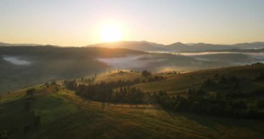 Karpat Dağları 'nda sis. Dağların Üzerinde Gün Doğumu. Yüksek kalite 4k görüntü