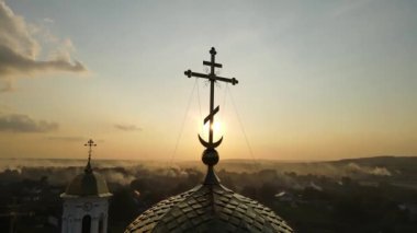Aerial shot Village Mezhyrich. Holy Trinity Monastery Of The UPC. Ukraine. High quality 4k footage