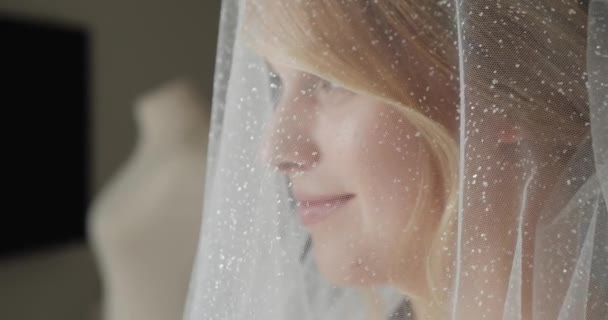 Bride Stands Window Waiting Groom — ストック動画