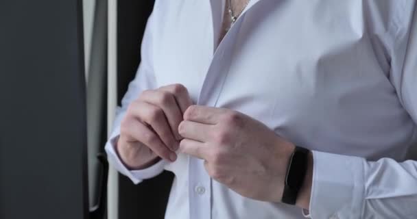 Man Puts White Shirt Morning — Vídeo de Stock