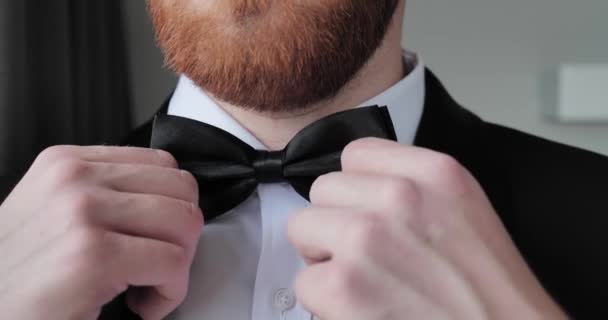 Man Elegant Black Suit Bow His Neck — Stockvideo