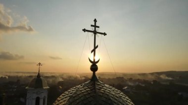 Aerial shot Village Mezhyrich. Holy Trinity Monastery Of The UPC. Ukraine. High quality 4k footage