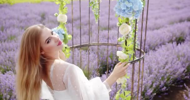 Attractive Female Gaze Pretty Girl Lavender Field High Quality Footage — Video