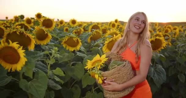 Girl Model Poses Sunflowers Gloss — Stockvideo