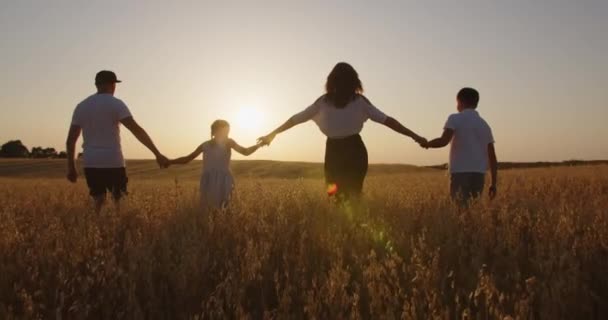 Dost Canlısı Mutlu Aile Gün Batımında Sahada Yürüyor — Stok video