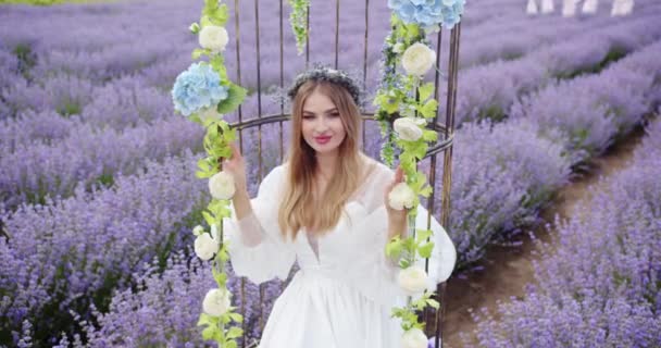 Young Bride Sitting Gazebo Decorated Flowers — Stockvideo