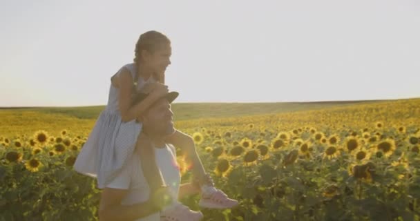 Dad Carries His Daughter His Arms Sunflower Field — Videoclip de stoc