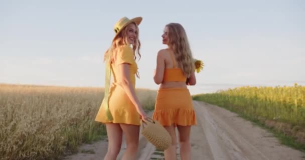 Two Sexy Blondes Walking Blooming Field Sunny Day — Vídeo de Stock