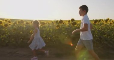 brother and sister run in the field