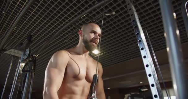 Man Pulling Rope Hands Training Upper Body Chest Shoulders Pectoral — Stockvideo
