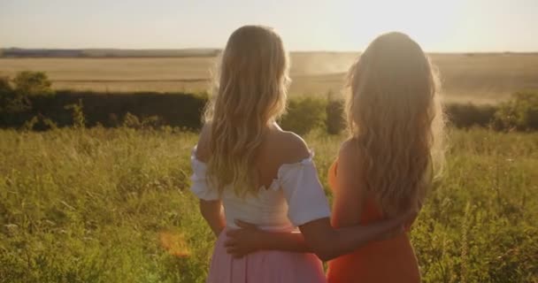 Meninas Ficar Pôr Sol Abraço Quente — Vídeo de Stock