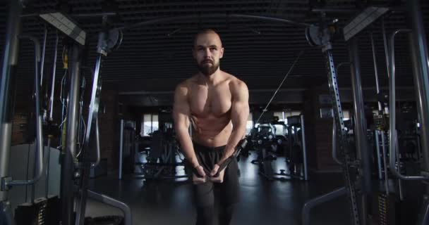 근육질의 보디빌더가 근육을 질하는 기계로 훈련을 — 비디오
