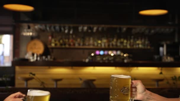 Freunde Trinken Kaltes Bier Einer Bar — Stockvideo