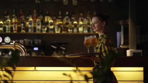 Cheerful Girl Works Waitress Bar — Stock Video