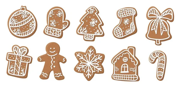 Set Gingerbreads Shape Christmas Tree Toy Mitten Christmas Tree Sock — Stock Vector