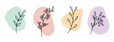 Yapraklı dallar ve soyut noktalarda böğürtlenli dallar. Vektör illüstrasyonu.