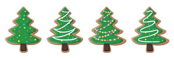 Set Quattro Biscotti Pan Zenzero Forma Albero Natale Illustrazione Vettoriale — Vettoriale Stock