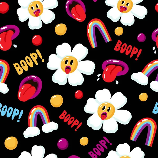 Funny Seamless Pattern Image Daisies Rainbow Lips Bubbles Lettering Boop — Stock Vector