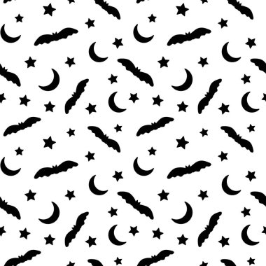 Yarasa, ay ve yıldız şeklinde kusursuz bir desen. Kağıt, tekstil ve dekor için tasarım. Siyah ve beyaz vektör çizimi.