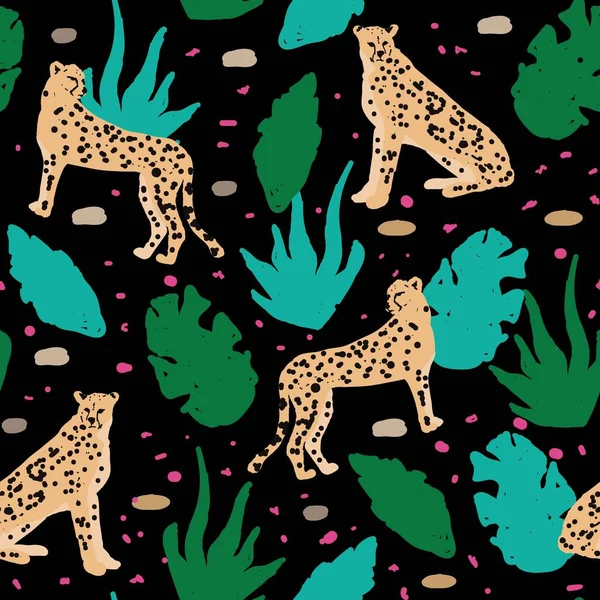 Seamless pattern with the image of a cheetah and abstract tropical leaves. Design for paper, textile and decor. Vector illustration. Contemporary art.