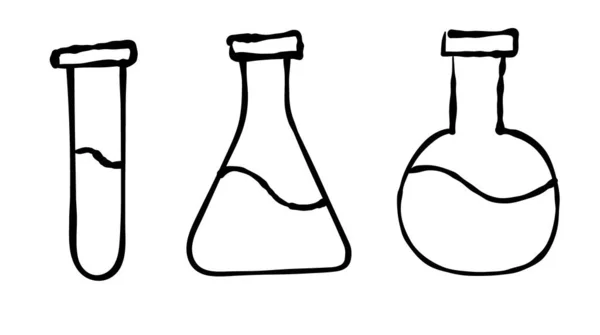 一套三只化学涂鸦瓶 黑白矢量图解 手绘图标 — 图库矢量图片