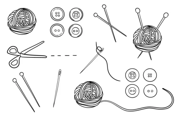 Conjunto Dezesseis Elementos Tricô Costura Doodle Ilustração Vetorial Preto Branco — Vetor de Stock