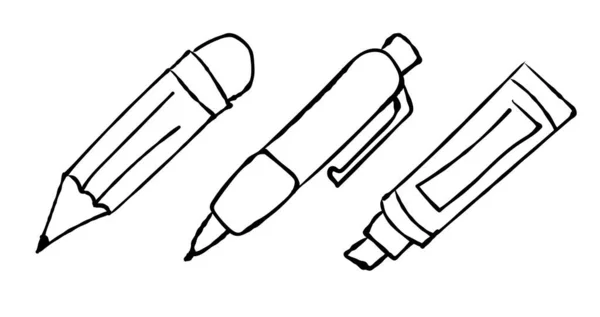 Bleistift Stift Und Filzstift Kritzeln Schwarz Weiße Vektorillustration Schreibwerkzeuge — Stockvektor