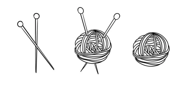 Conjunto Três Elementos Doodle Temáticos Tricô Uma Bola Fios Agulhas — Vetor de Stock