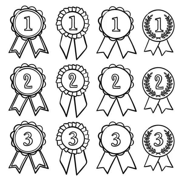 Set Twelve Doodle Medals First Second Third Place Competition Black Stock Vector