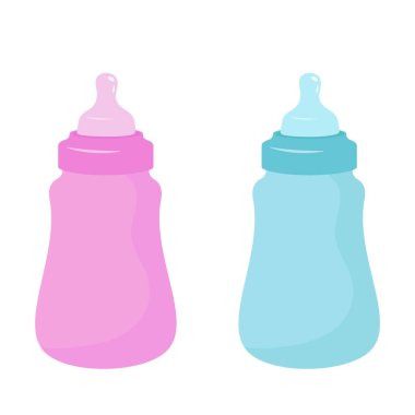 İki elementten oluşan bir set. Bir erkek ve bir kız için mavi ve pembe bir şişe..