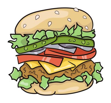 Pirzola, salatalık, domates, soğan ve salatalı bir burger tasviri. Vektör illüstrasyonu.