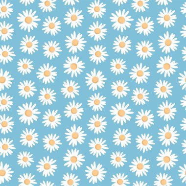 Mavi arka planda papatya resmi olan kusursuz bir desen. Kağıt, tekstil ve dekor için tasarım.