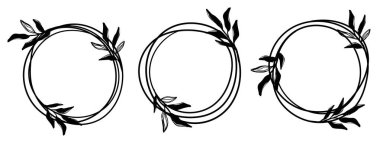  Dairesel çizgiler ve yaprakları gösteren üç kareden oluşan bir set. Siyah ve beyaz vektör çizimi.