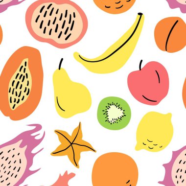 Meyve resimli pürüzsüz bir şekil. Kağıt, tekstil ve dekor için tasarım.