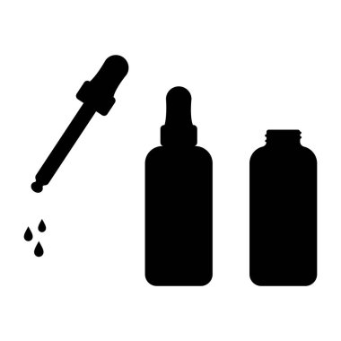 Bir pipetin, şişenin ve damlaların düz dizaynının siyah beyaz görüntüsü.