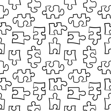 Çizim tarzında çeşitli yapboz parçalarının görüntüsü olan kusursuz desen. Siyah beyaz baskı. Dekor, kağıt, tekstil için tasarım.