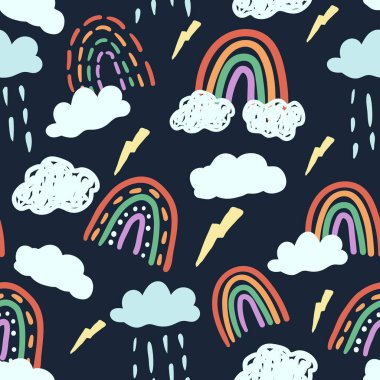 Gökkuşağı, bulut ve şimşek şeklinde kusursuz bir desen. Kağıt, tekstil ve dekor için tasarım.