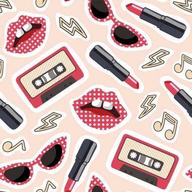 Retro yapıştırmalı kusursuz desen: şimşek, notlar, gözlük, ruj, dudak ve kaset. Kağıt, tekstil ve dekor için tasarım. Vektör illüstrasyonu.