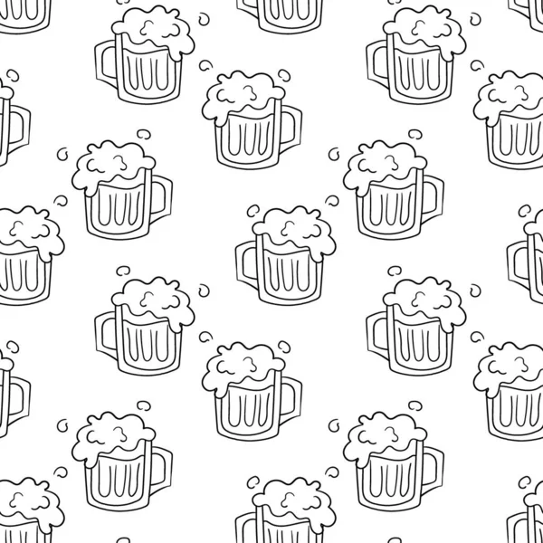 Çizim tarzında bir kupa bira ve köpük şeklinde kusursuz bir desen. Siyah beyaz baskı. Tekstil, dekor ve kağıt için tasarım.