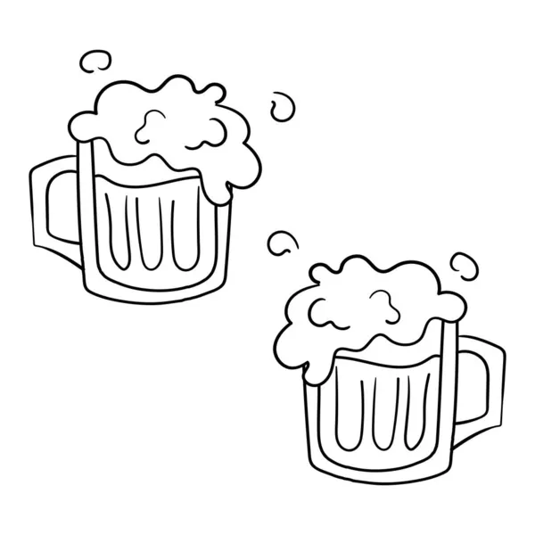 泡のある2つのドッドビールマグカップ 黒と白のベクトルアイコン — ストックベクタ