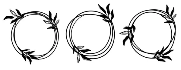 Набор Трех Кадров Круговыми Линиями Листьями Черно Белая Векторная Иллюстрация — стоковый вектор