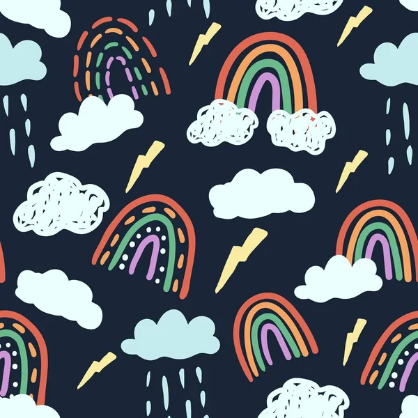 Seamless pattern with the image of rainbow, clouds, lightning. Design for paper, textile and decor.