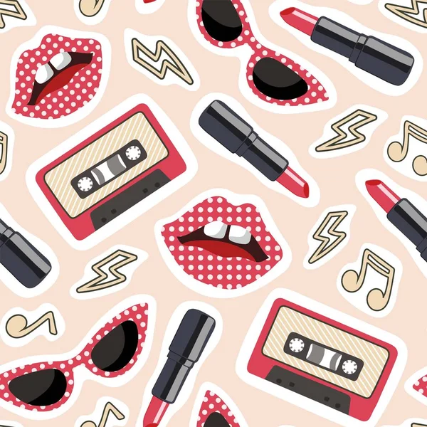 Retro yapıştırmalı kusursuz desen: şimşek, notlar, gözlük, ruj, dudak ve kaset. Kağıt, tekstil ve dekor için tasarım. Vektör illüstrasyonu.