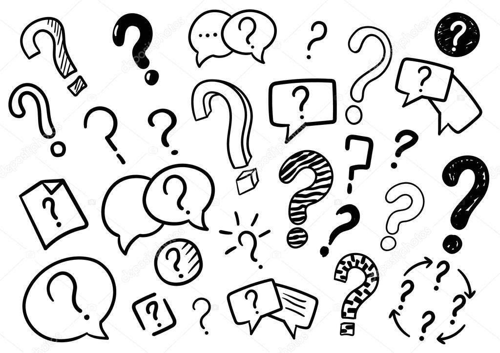 A set of  doodle icons with a question image. Black and white vector illustration.