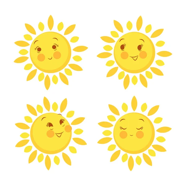 一套四个可爱的太阳与脸 装饰的设计 矢量说明 — 图库矢量图片