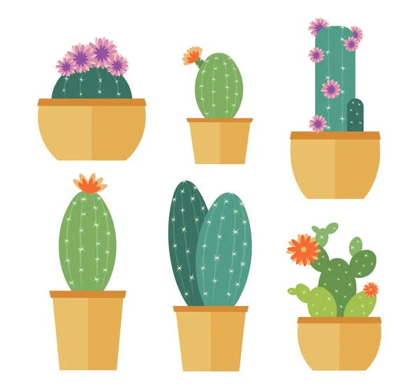 Sada Kaktusů Květinami Květináčích Ploché Ikony Design Pro Dekoraci Vektorová — Stockový vektor